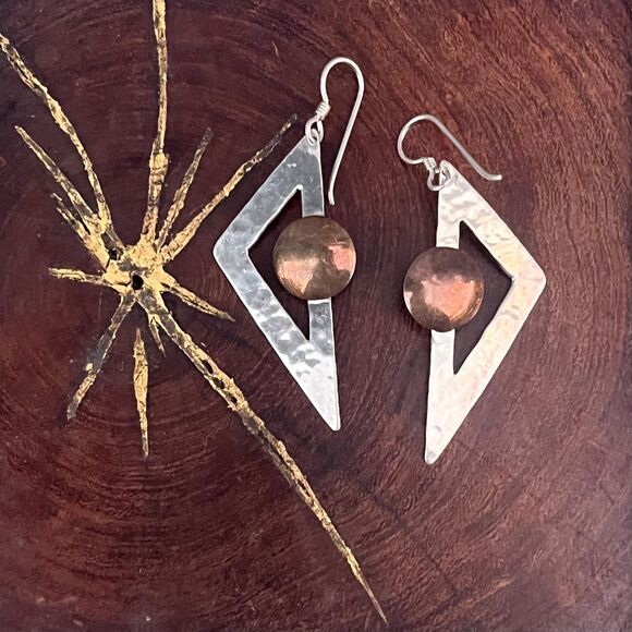 Mixed Metal Triangle Earrings Sterling Silver Copper Industrial jewelry - Picture 8 of 10